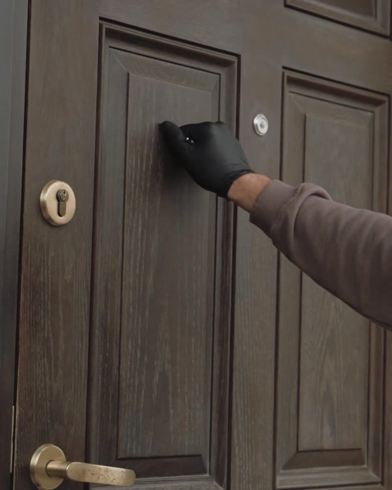 Main gantée sur une porte
